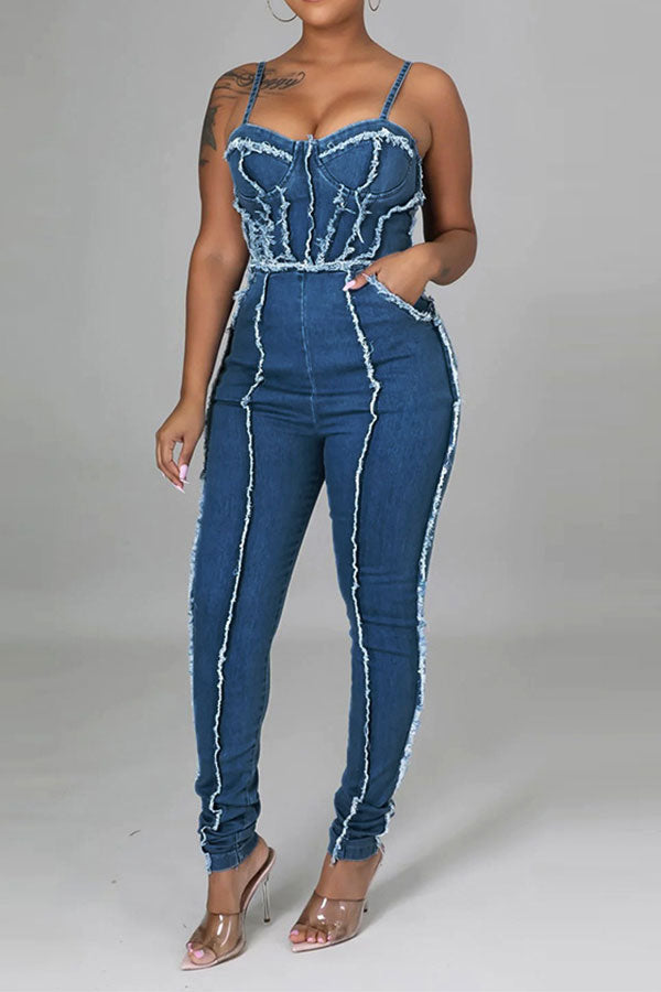 storexq Patchwork Smart Spaghetti Strap Denim Jumpsuit