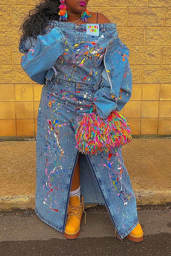 storexq Splash Ink Print Denim Off Shoulder Hippy Mid Split Skirt Suit