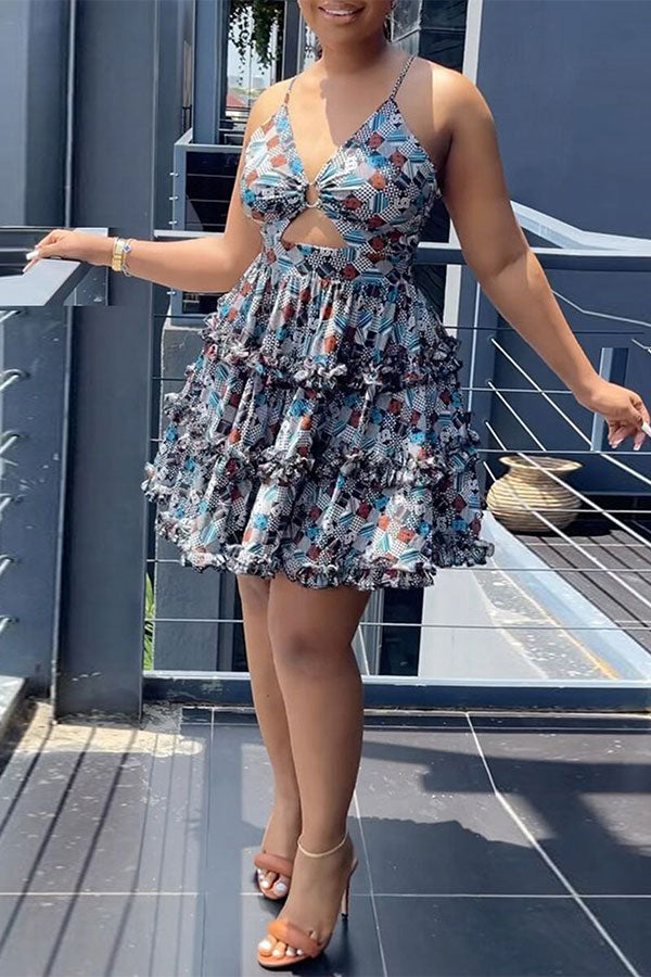 storexq Geometric Print Sweet Cutout Tiered Mini Dress