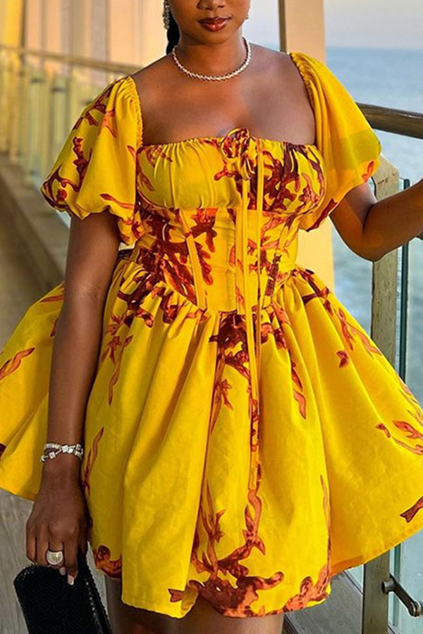 storexq Floral Print Girly Square Collar Puff Sleeve Mini Dress