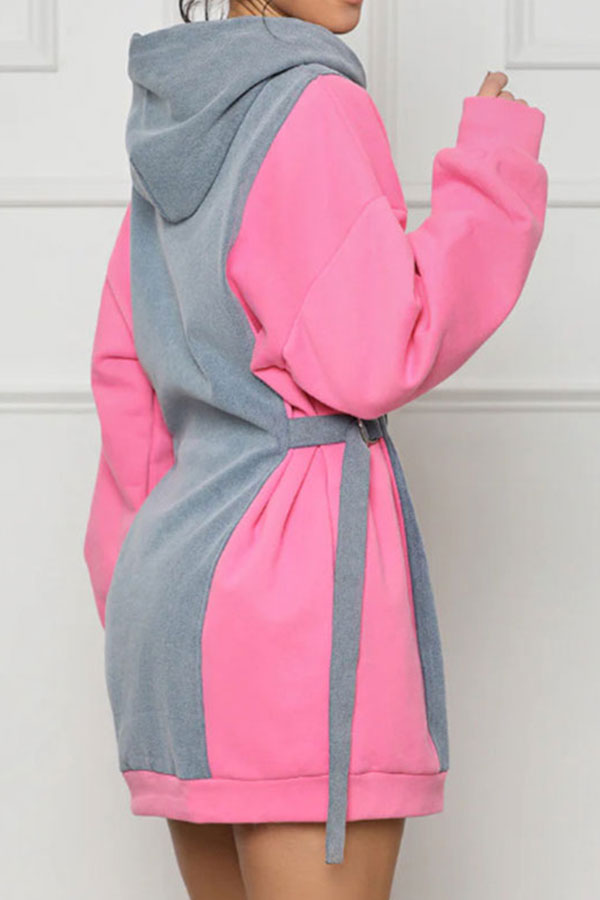 storexq Color Block Patchwork Casual Hooded Mini Dress