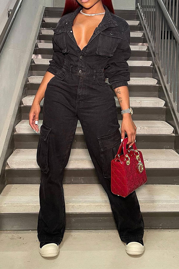 storexq Solid Color Cool Multi Pocket Denim Jumpsuit