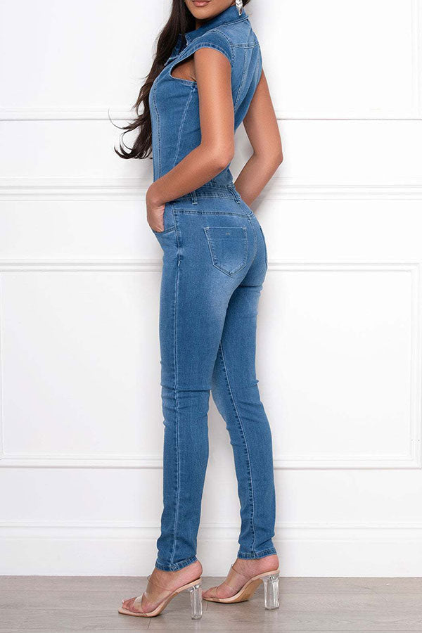 storexq Denim Boho Single Breasted Jumpsuit
