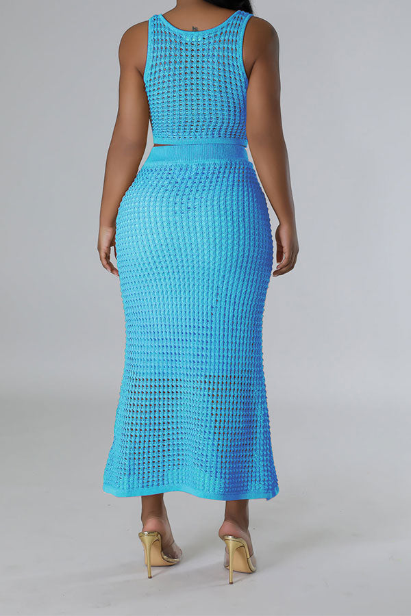 storexq Solid Color Crochet Cutout Beachy Fishtail Skirt Suit