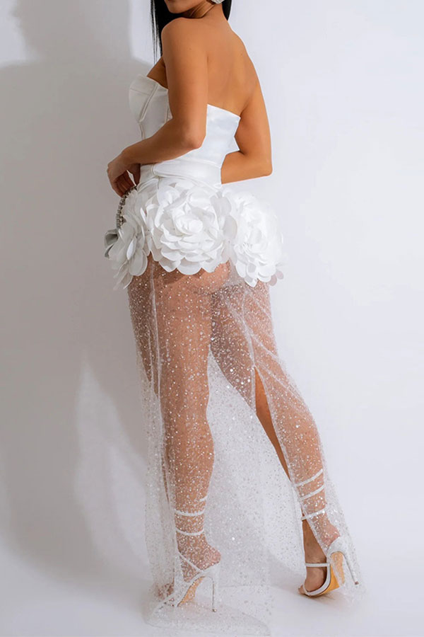 namcoverse Solid Color 3D Flower Decor Rocking Patchwork See-Through Tulle Maxi Dress