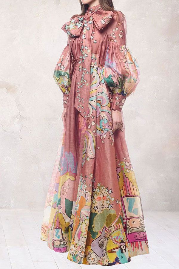 storexq Cartoon Print Dramatic Puff Sleeve Maxi Dress
