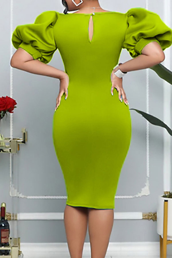 storexq Solid Color Simple Puff Sleeve Midi Dress