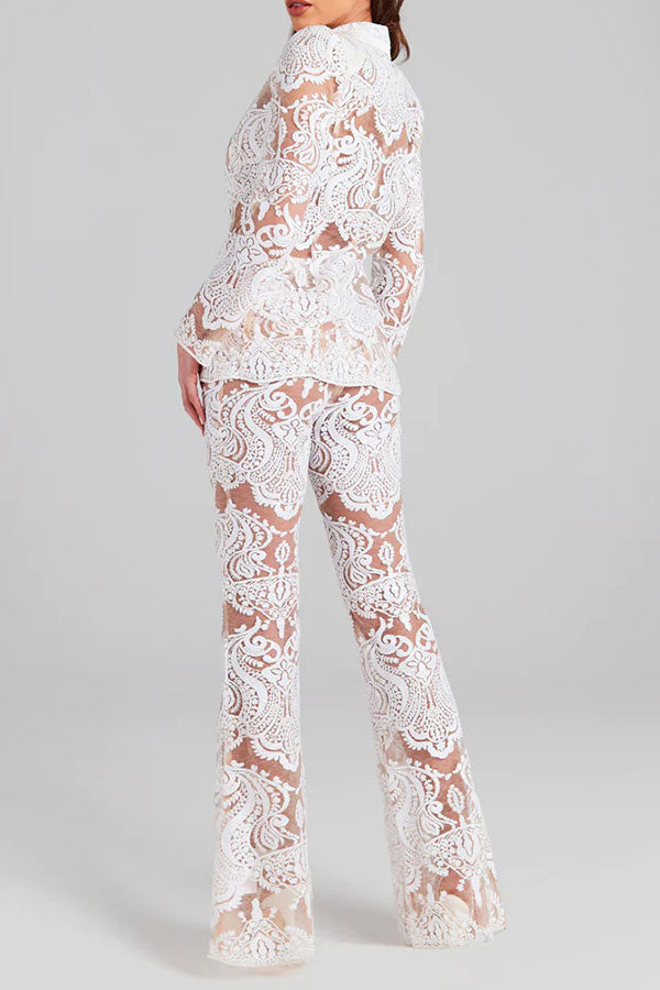 storexq Sequined Decor Glamorous See-Through Lace Pant Suit