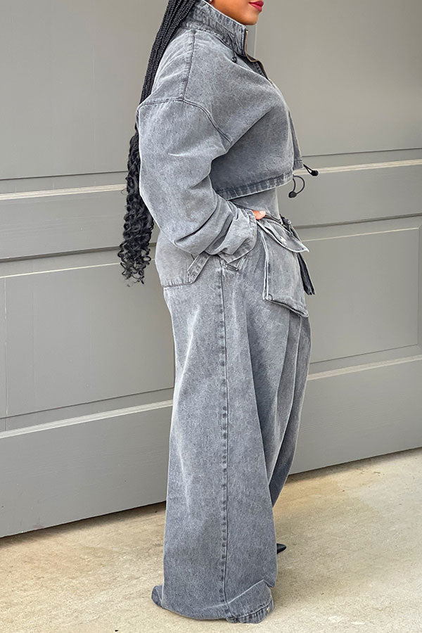 storexq Solid Color Denim Cool Drawstring Patch Pocket Pant Suit