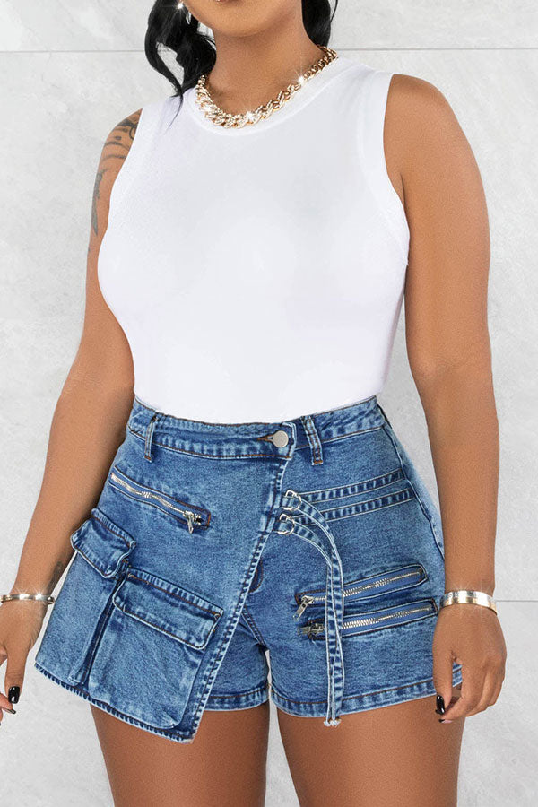 storexq Solid Color Cool Multi Pocket Irregular Denim Shorts