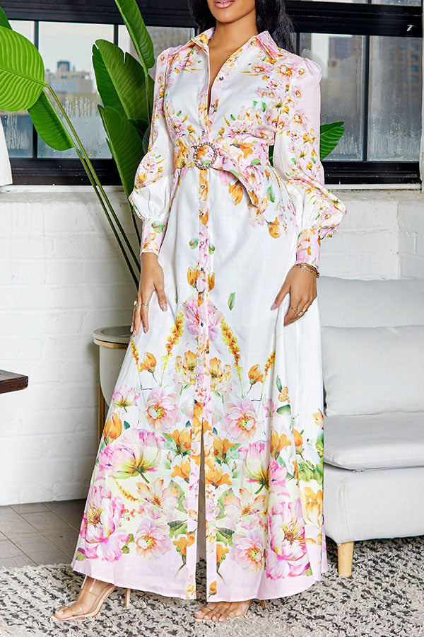 storexq Floral Print Retro Belted Side Split Midi Dress