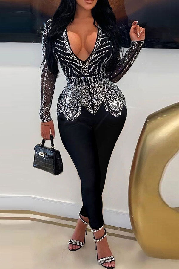 storexq Rhinestone V Neck On-trend Bodycon Jumpsuit