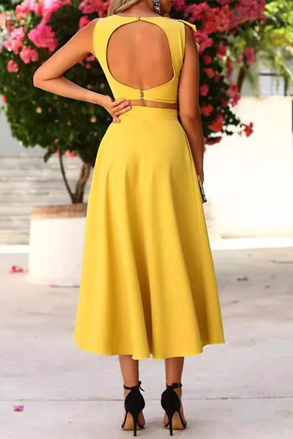 storexq Solid Color Asymmetric Ruffles Romantic Backless Skirt Suit