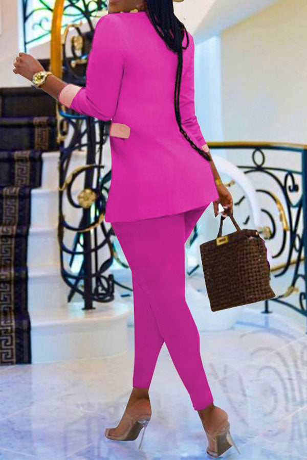 storexq Color Block Patchwork Elegant Zipper Pant Suit