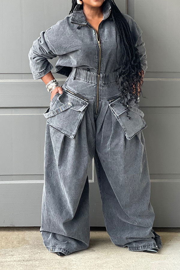 storexq Solid Color Denim Cool Drawstring Patch Pocket Pant Suit