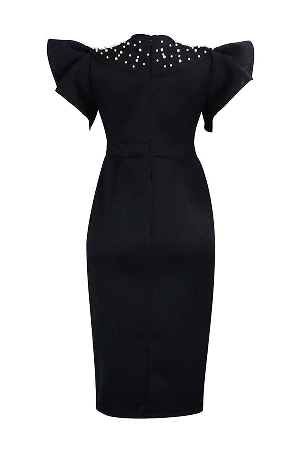 storexq Beaded Decor Elegant Ruffle Sleeve Midi Dress