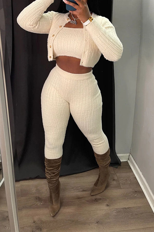 storexq Solid Color Simple Bodycon Knitted Pant Suit (Three Pieces)
