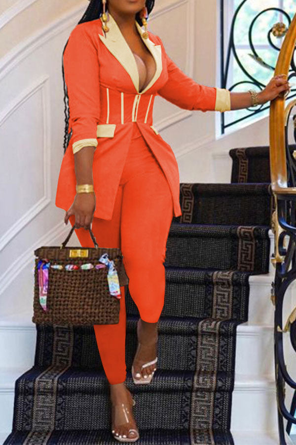 storexq Color Block Patchwork Elegant Zipper Pant Suit
