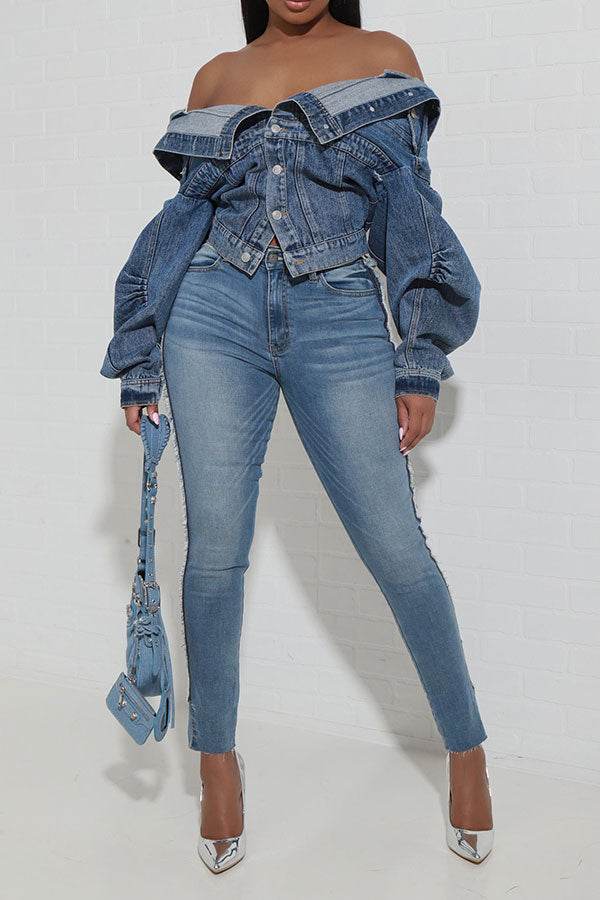 storexq Patchwork Off Shoulder Versatile Denim Jacket