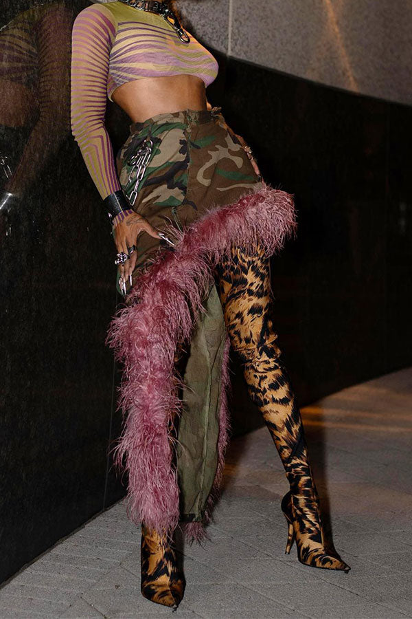 storexq Camouflage Rocking Feather Trim Irregular Skirt