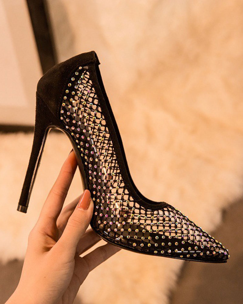 storexq Rhinestone Party Fishnet Patchwork Clear Sandals