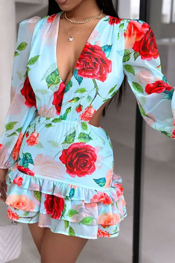 storexq Floral Print Side Cutout Elegant Ruffles Mini Dress