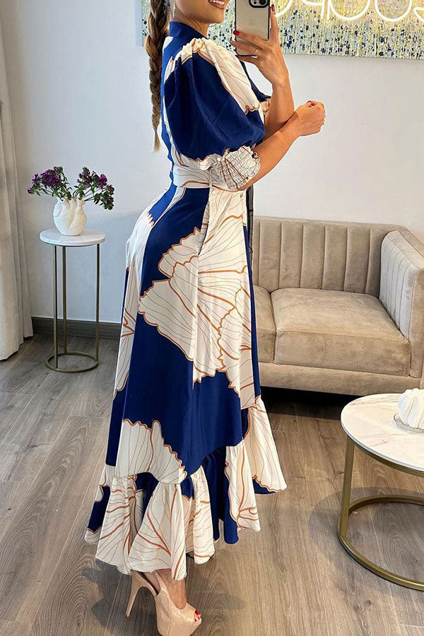 storexq Floral Print Commuting Belted Irregular Ruffled Midi Dress