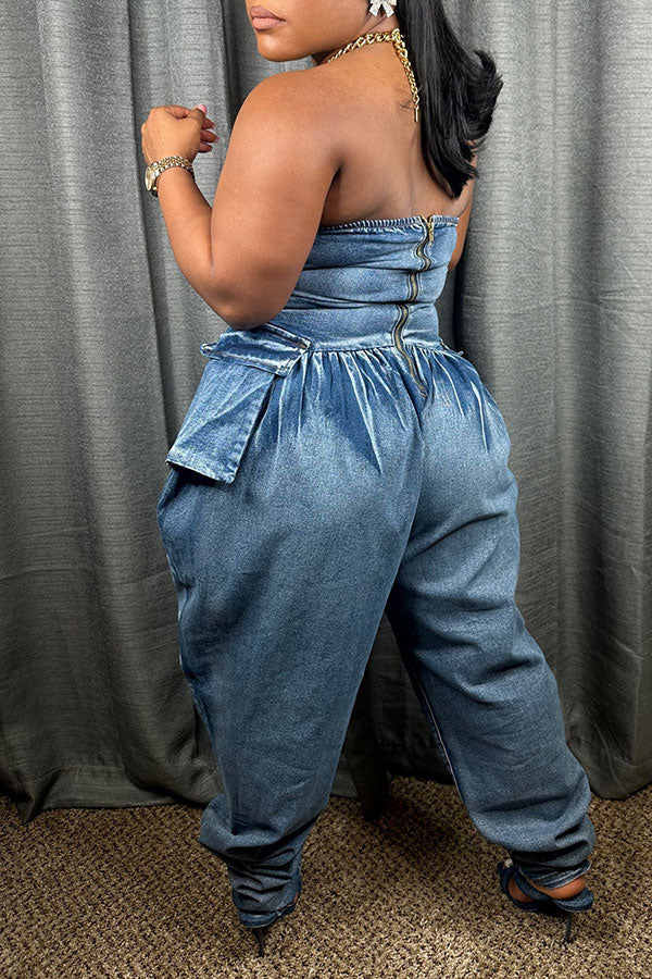 storexq Blue Strapless Party Washed Denim Jumpsuit