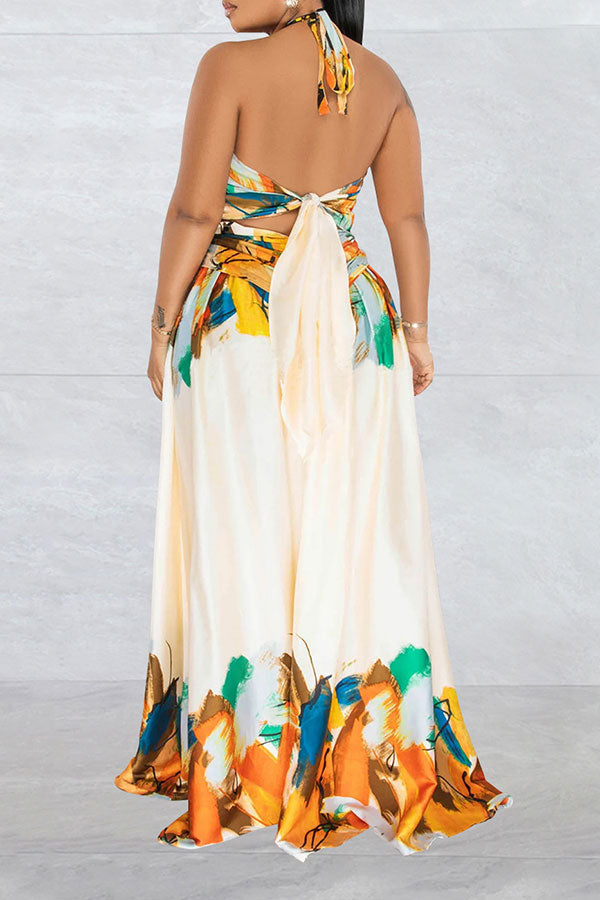 storexq Graffiti Print Tropical Strappy Cutout Open Back Maxi Dress