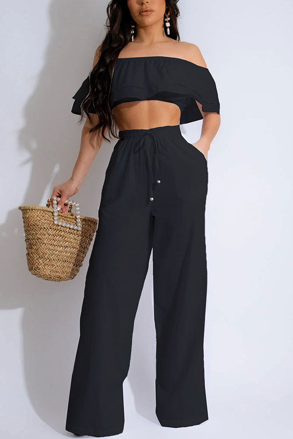 storexq Solid Color Ruffles Off Shoulder Feminine Wide Leg Pant Suit