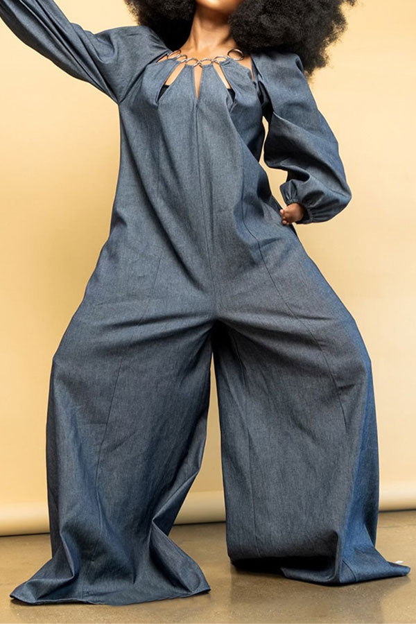 storexq O-ring Design Cutout Cool Wide Leg Denim Jumpsuit