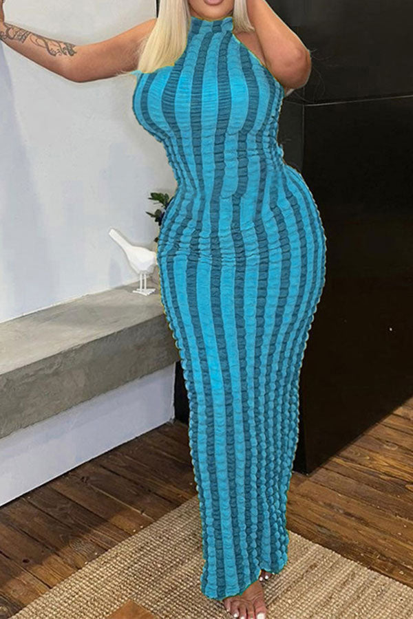 storexq Color Block Striped Modern Bubble Texture Maxi Dress