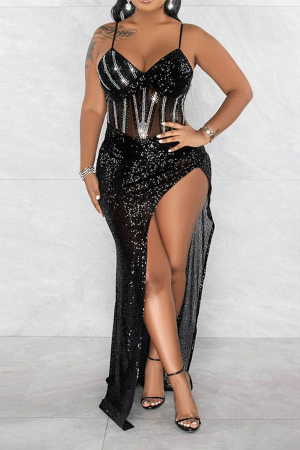 storexq Rhinestone & Sequined Luxe High Split Maxi Dress