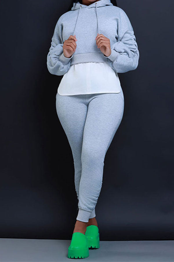 storexq Hit Color Patchwork Casual Hooded Pant Suit