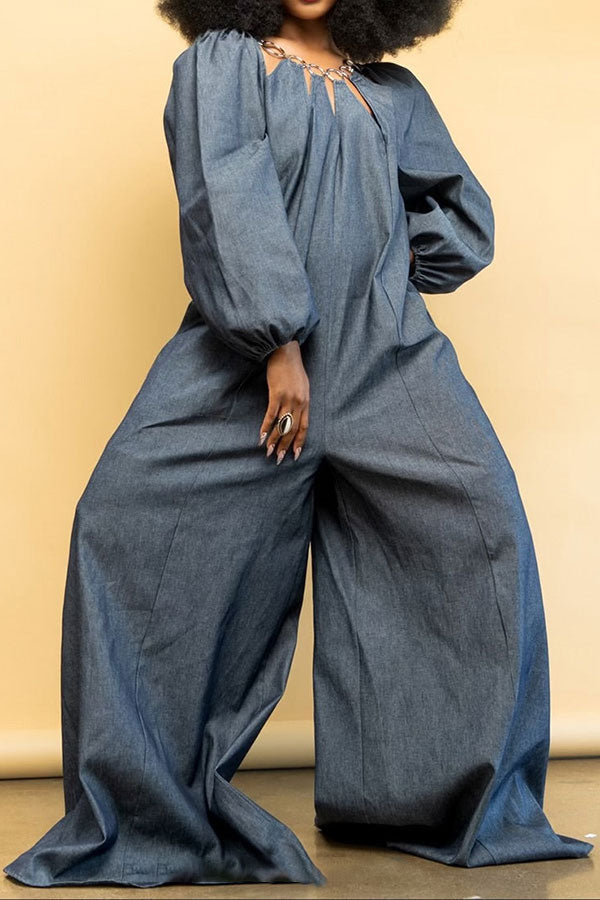 storexq O-ring Design Cutout Cool Wide Leg Denim Jumpsuit