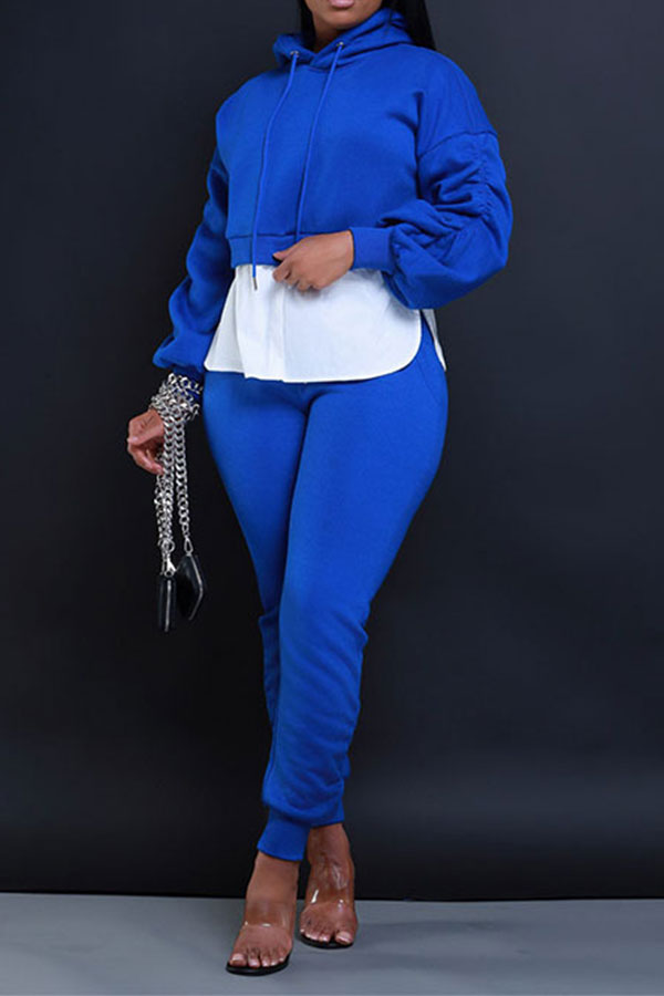 storexq Hit Color Patchwork Casual Hooded Pant Suit