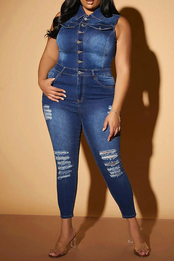 storexq Ripped Classic Button Down Denim Jumpsuit