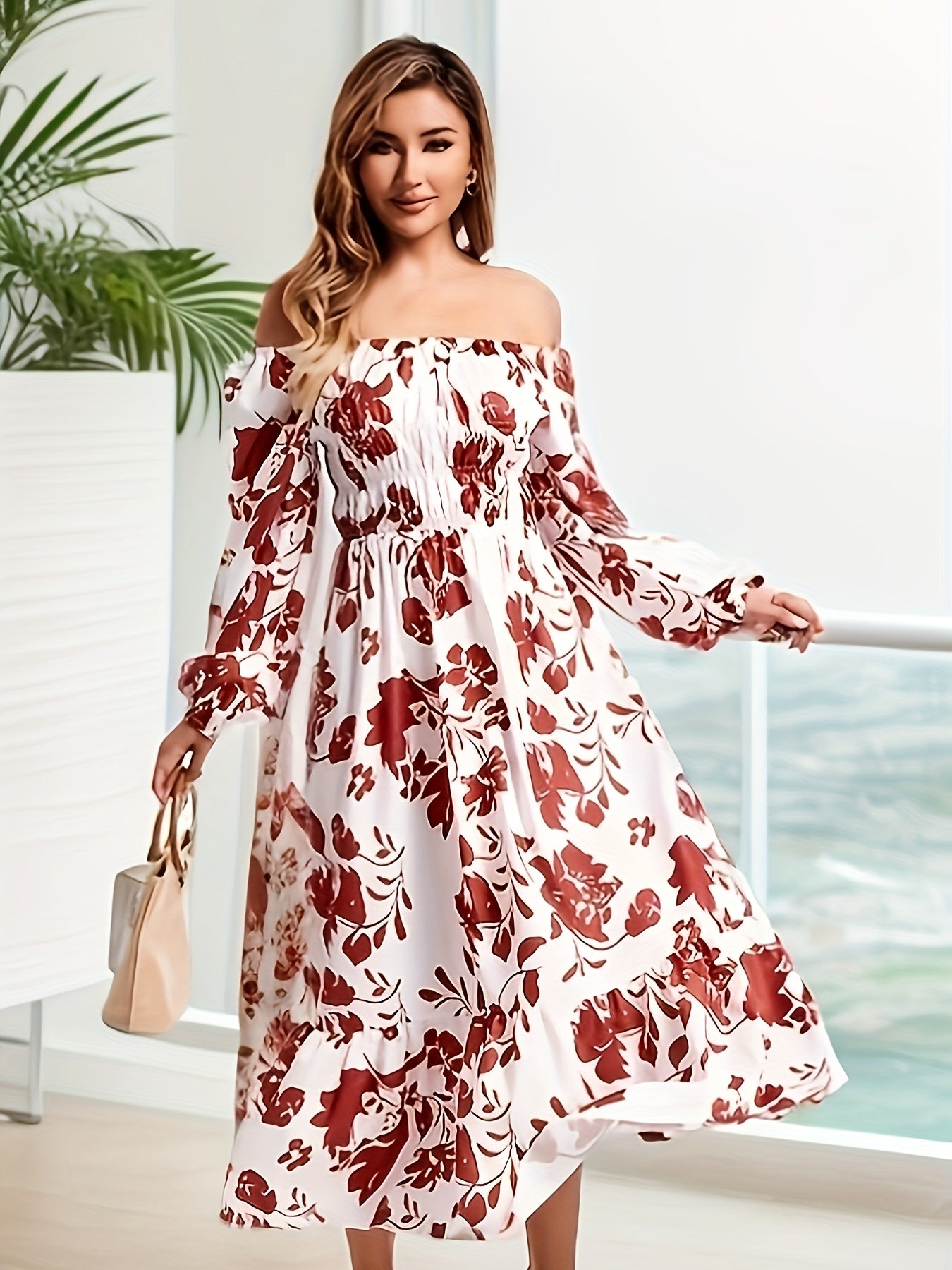 Floral Print High Waist Dress, Casual Lantern Sleeve Maxi Dress, Women's Clothing