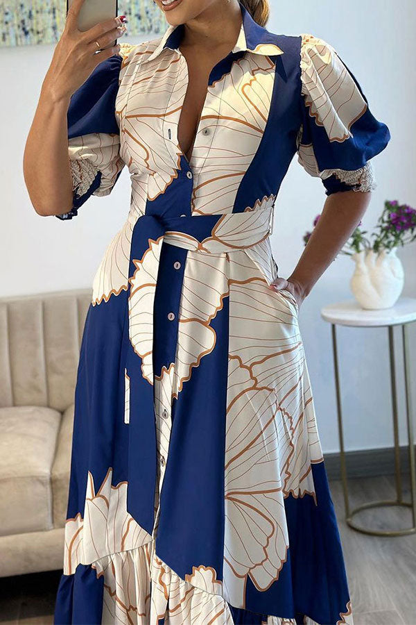 storexq Floral Print Commuting Belted Irregular Ruffled Midi Dress