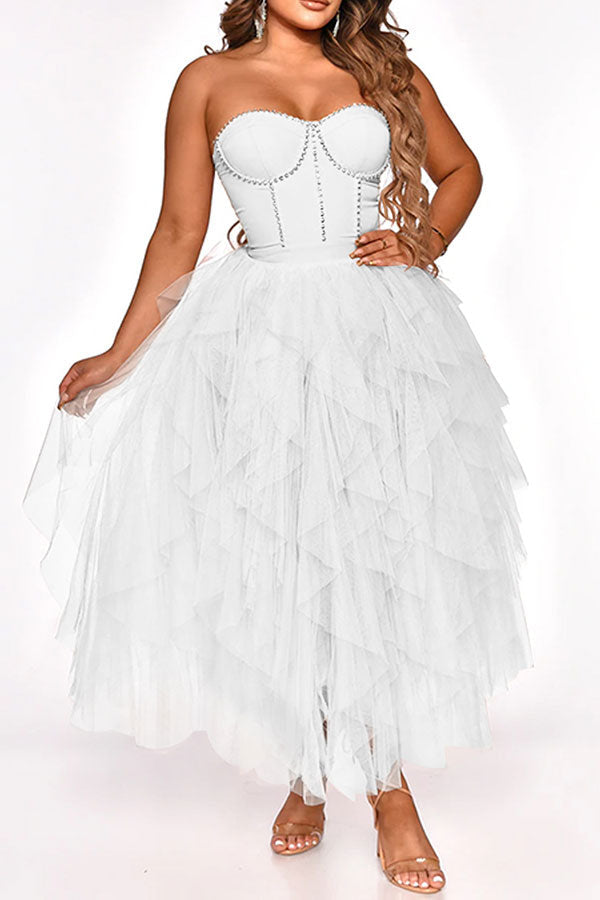 namcoverse Solid Color Bandeau Stunning Rhinestone Patchwork Tiered Maxi Dress