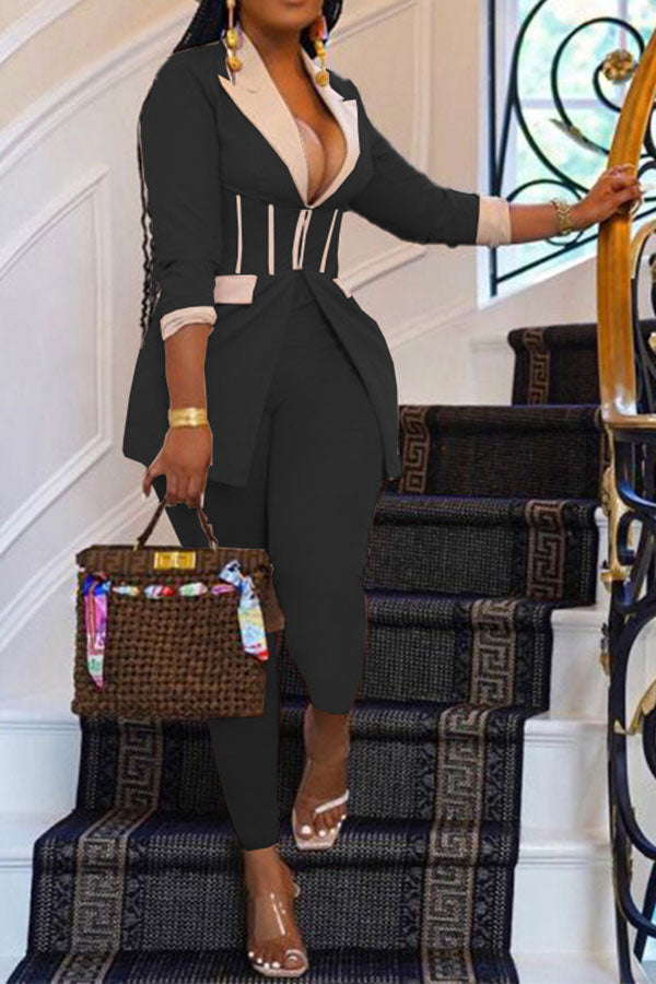storexq Color Block Patchwork Elegant Zipper Pant Suit