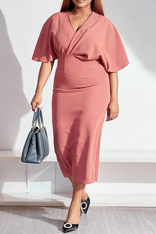 storexq Solid Color Feminine V Neck Midi Dress