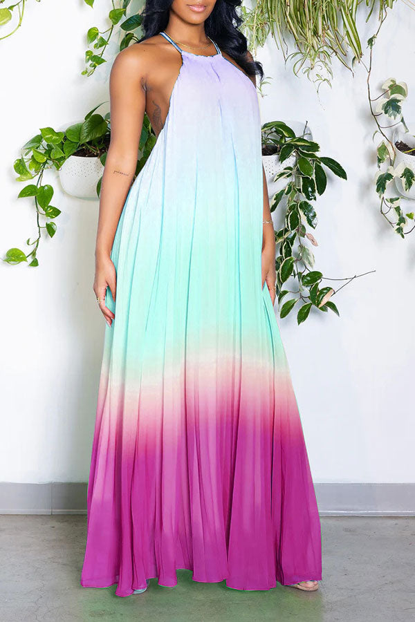 storexq Gradient Simple Backless Flowy Pleated Maxi Dress