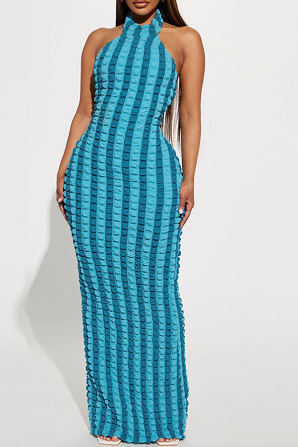 storexq Color Block Striped Modern Bubble Texture Maxi Dress