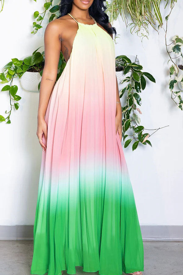storexq Gradient Simple Backless Flowy Pleated Maxi Dress