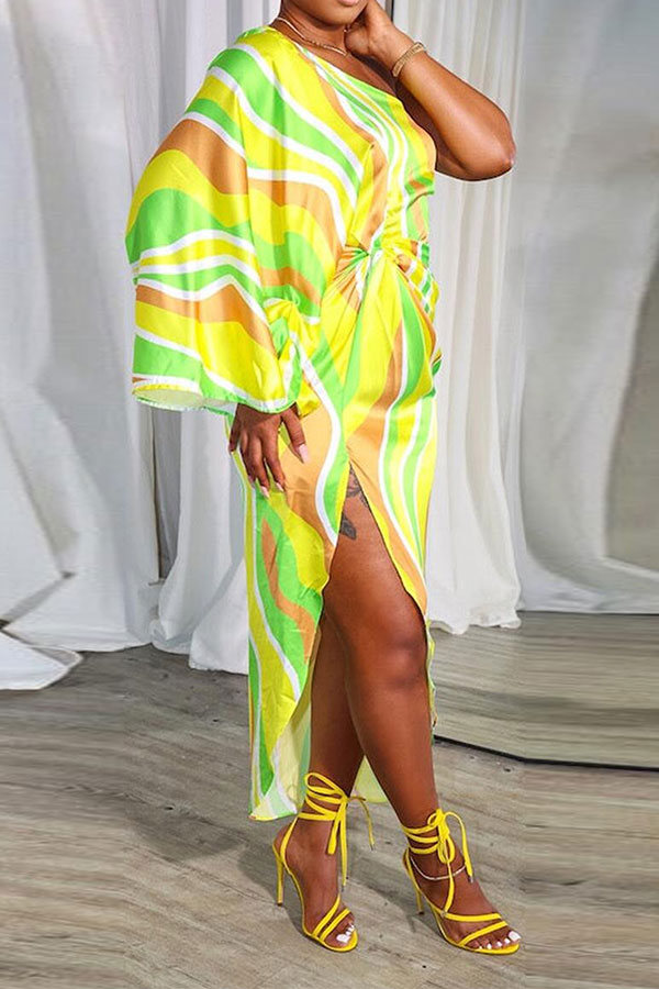 storexq Ripple Print Whimsical High Split Asymmetric Midi Dress