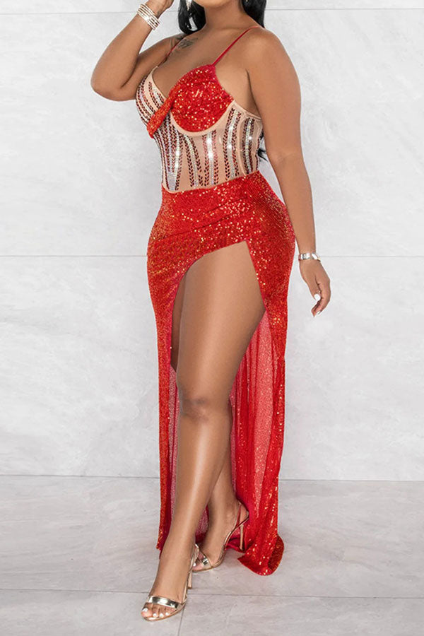 storexq Rhinestone & Sequined Luxe High Split Maxi Dress