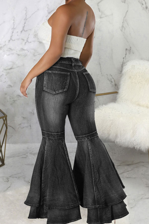 storexq Solid Color Pretty Layered Bell Bottoms Jeans