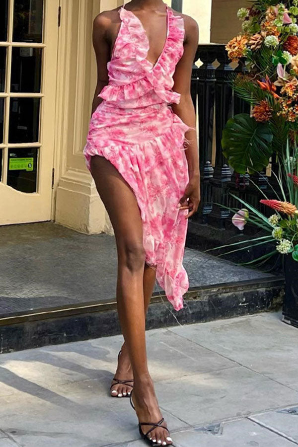 storexq Floral Print Sweet Ruffle Irregular Midi Dress