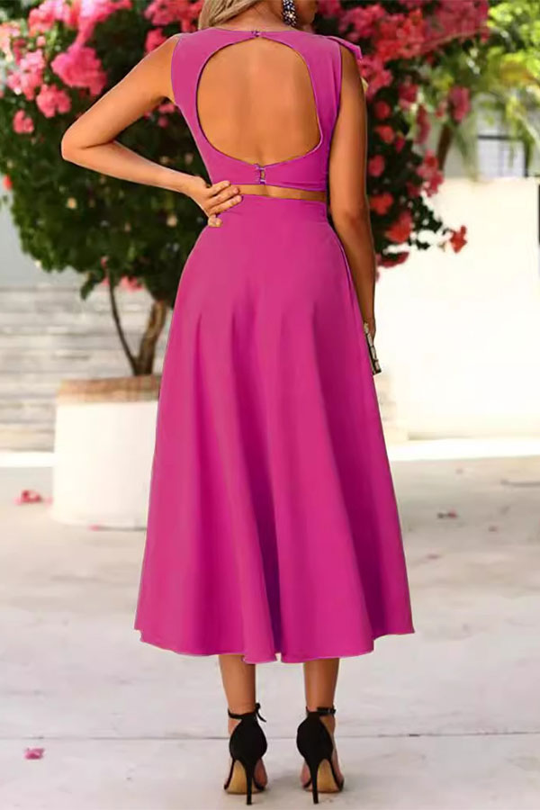 storexq Solid Color Asymmetric Ruffles Romantic Backless Skirt Suit
